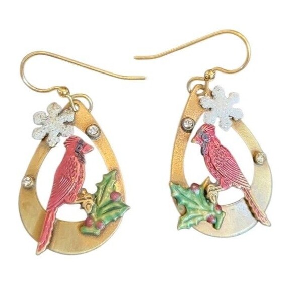 Red Cardinal Bird Christmas Winter Snowflake Holly Rhinestone Dangle Earrings - Picture 2 of 7